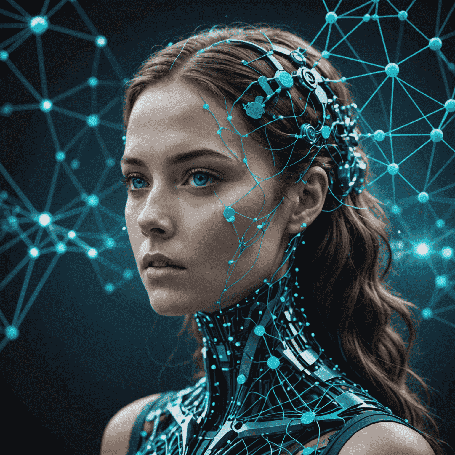 A futuristic visualization of AI analyzing complex data structures, with interconnected nodes and flowing data streams in shades of blue and teal