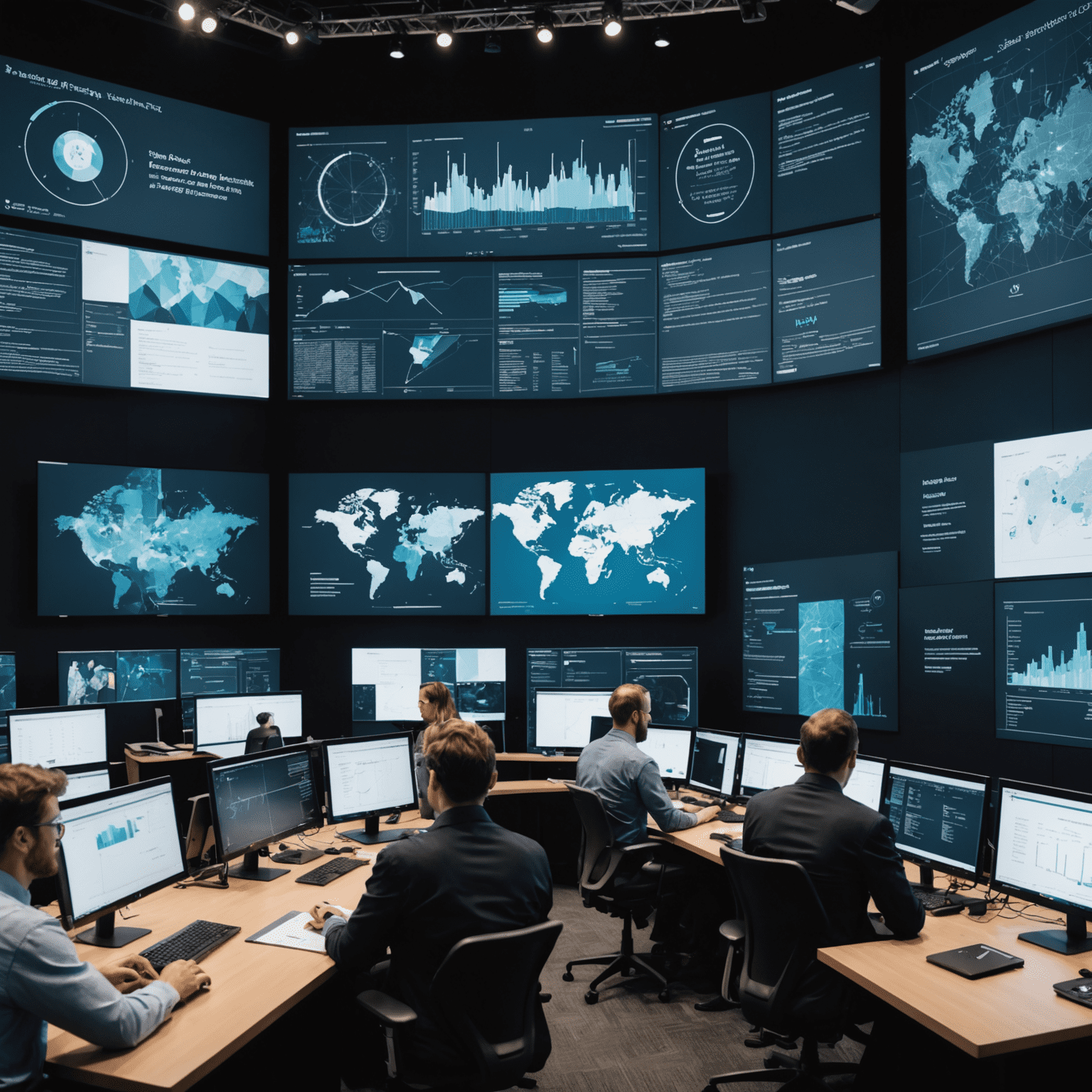 A collage showcasing diverse professionals engaged in data analysis and discussions. The image features people working with large screens displaying complex data visualizations, machine learning models, and AI algorithms. It captures the essence of a high-tech conference environment with a focus on big data and analytics.