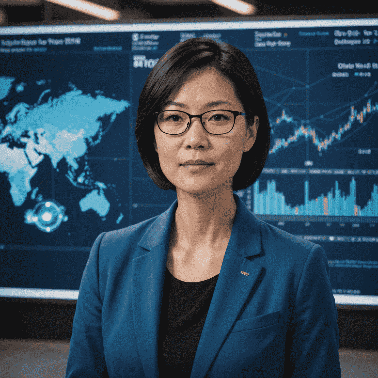 Dr. Emily Chen, a woman in her 40s with short black hair and glasses, wearing a professional blue blazer, standing in front of a large data visualization screen