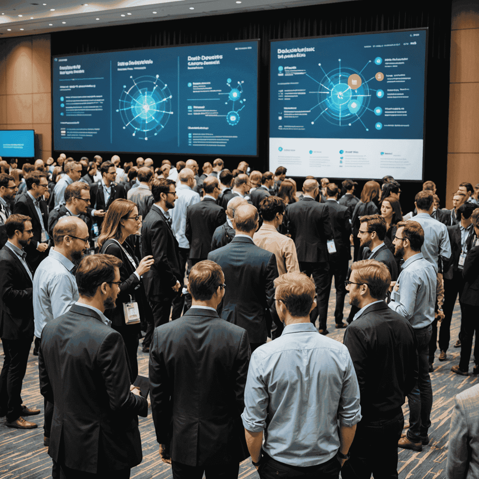 Networking area at the Big Data & Analytics Conference Canada, showing attendees engaged in discussions amidst data visualization displays