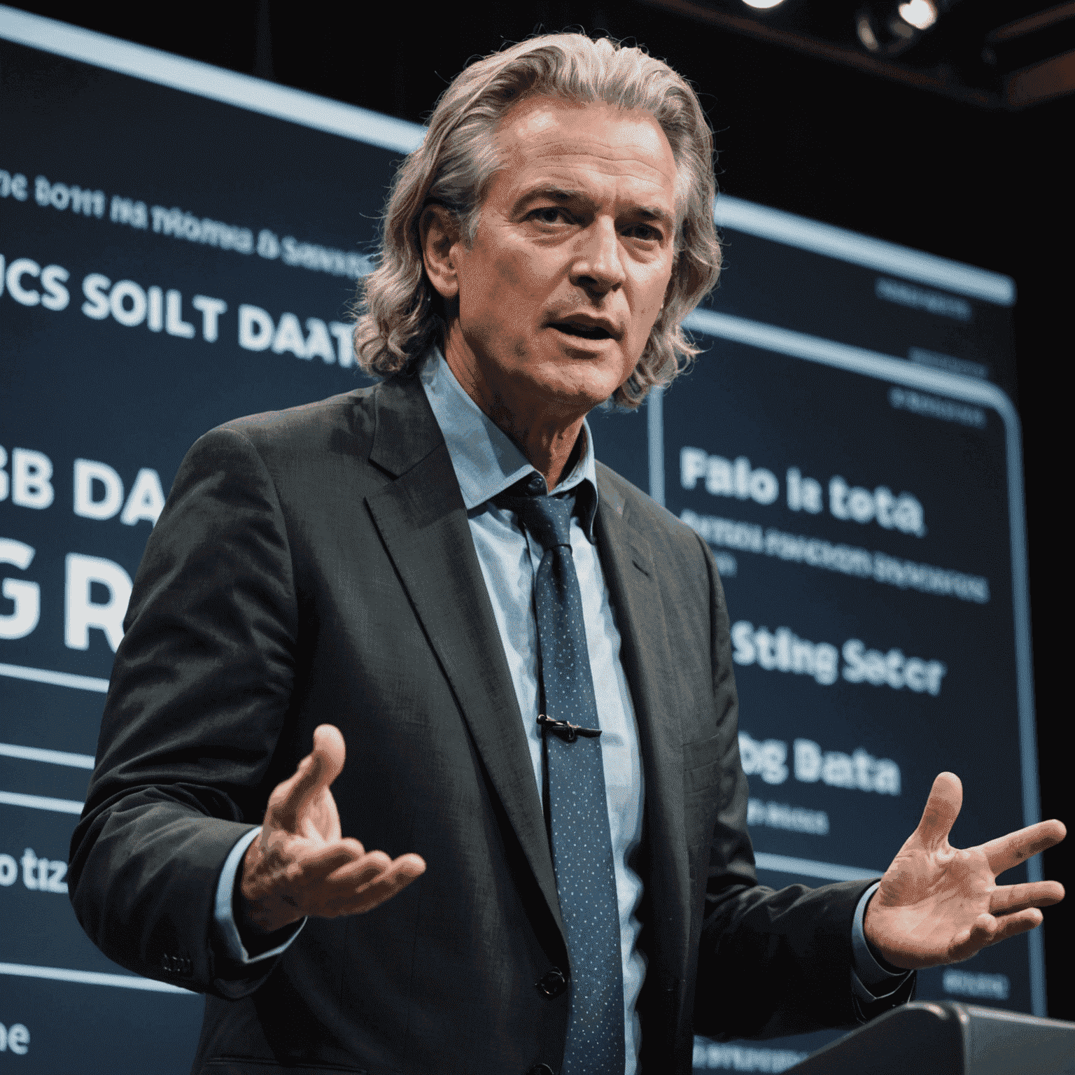 Michael Thompson, a man in his 50s with salt-and-pepper hair, wearing a dark suit, gesturing while speaking at a podium with 'Big Data' written on it