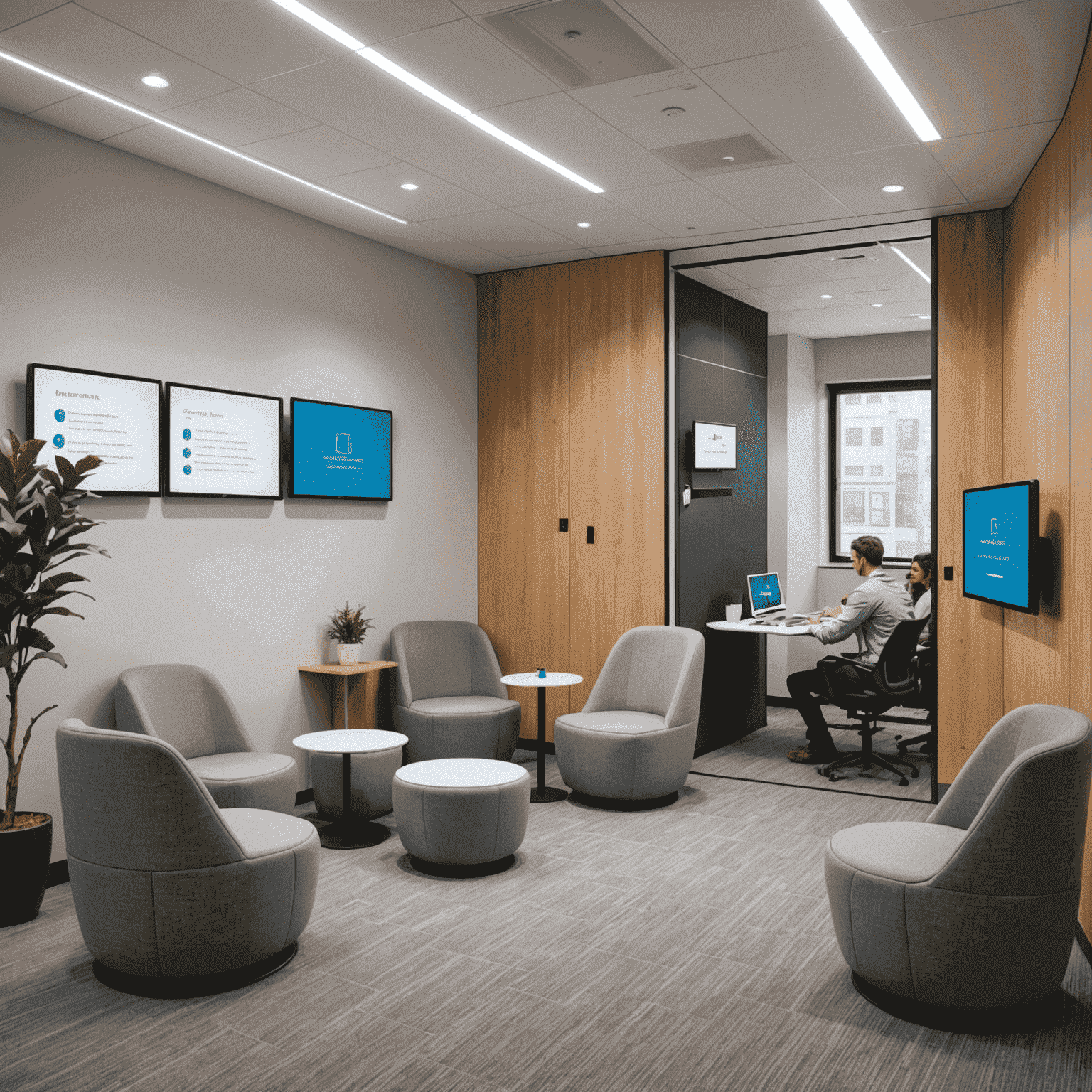 A well-lit room with multiple small, private meeting pods. Each pod is equipped with a digital screen, whiteboard, and comfortable seating for 4-6 people. Some pods show attendees in deep discussion, while others display data presentations.