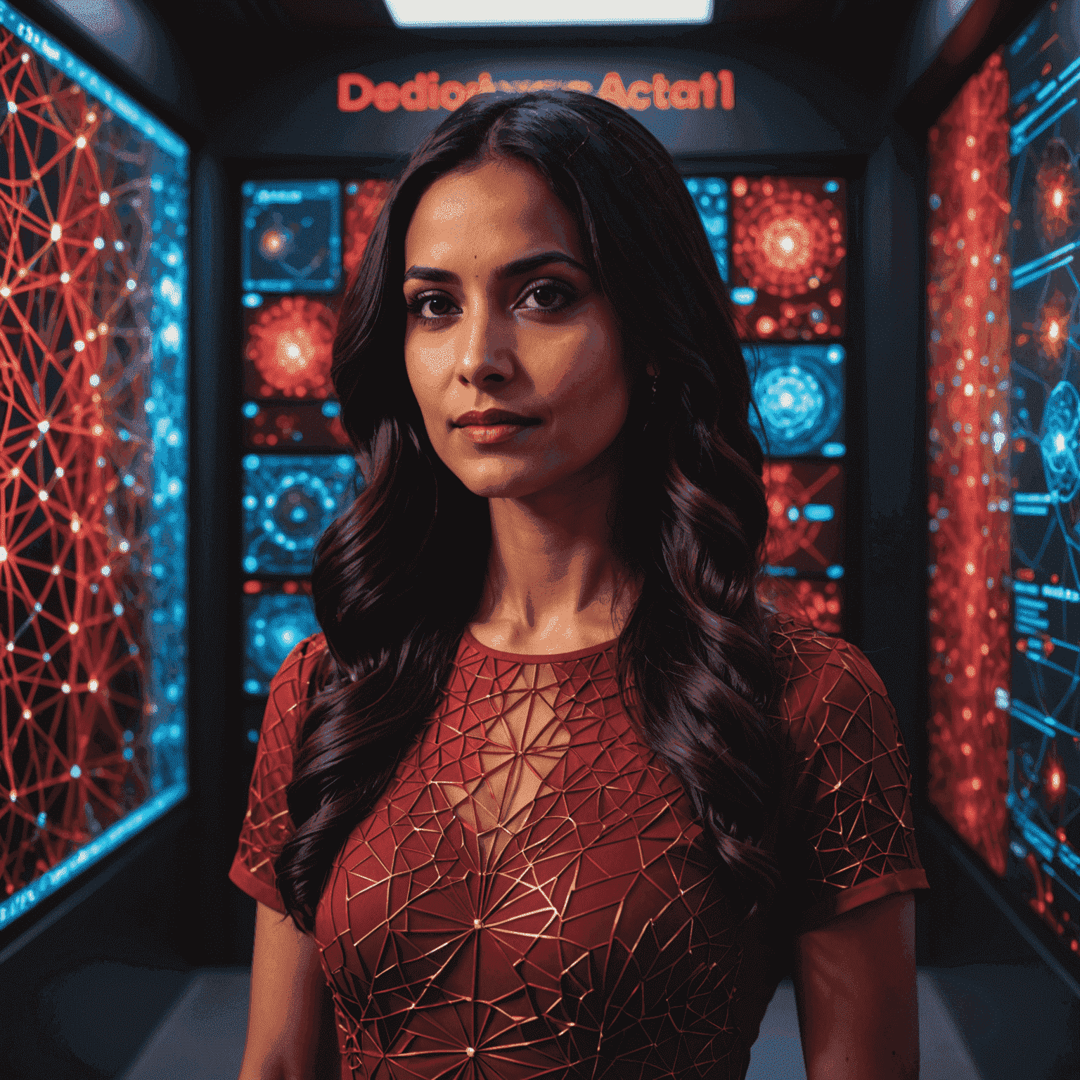Dr. Aisha Patel, a woman in her 30s with long dark hair, wearing a red dress, standing next to a holographic display of neural networks
