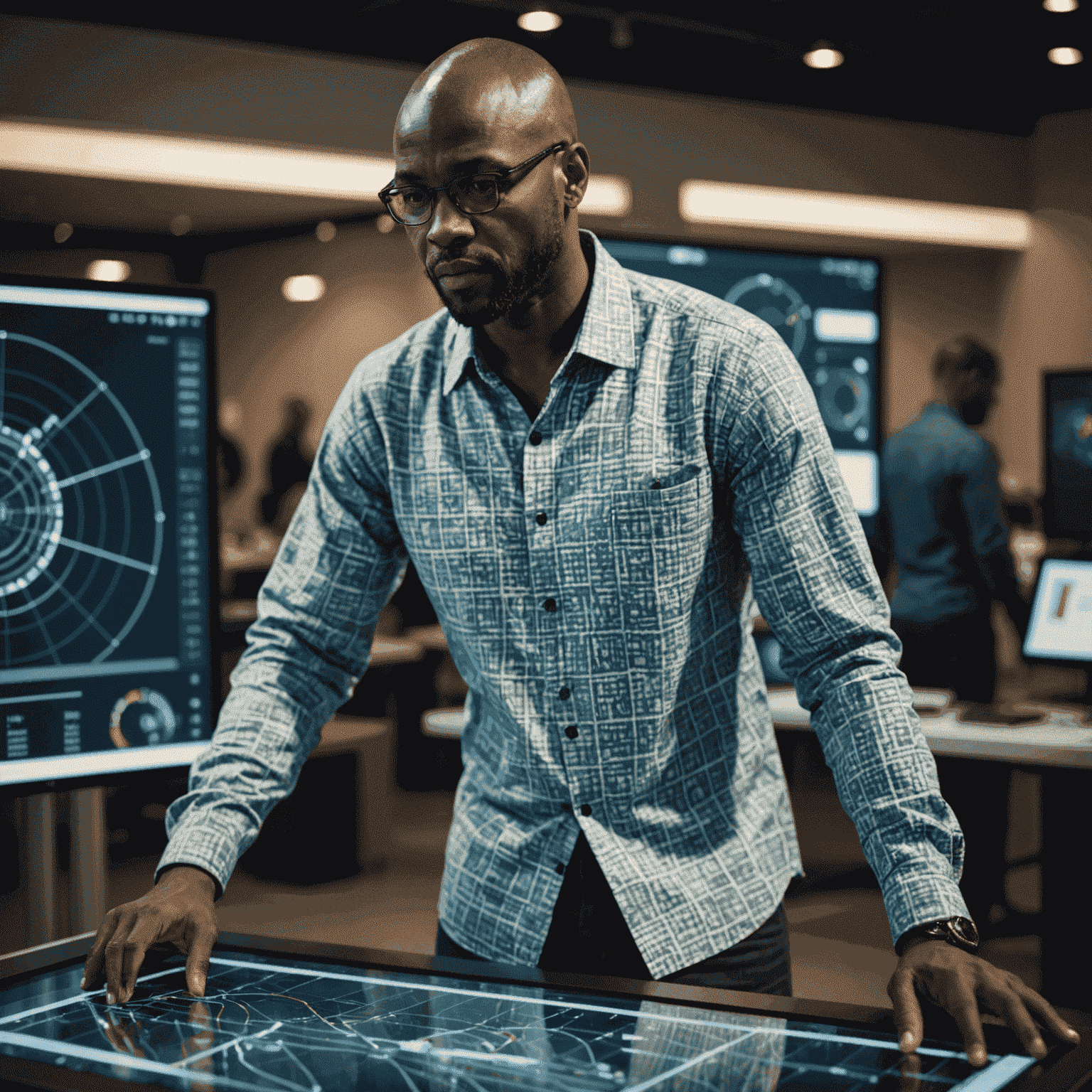 Robert Kwesi, a man in his 40s with a shaved head, wearing a patterned shirt, demonstrating a data visualization tool on a large touchscreen
