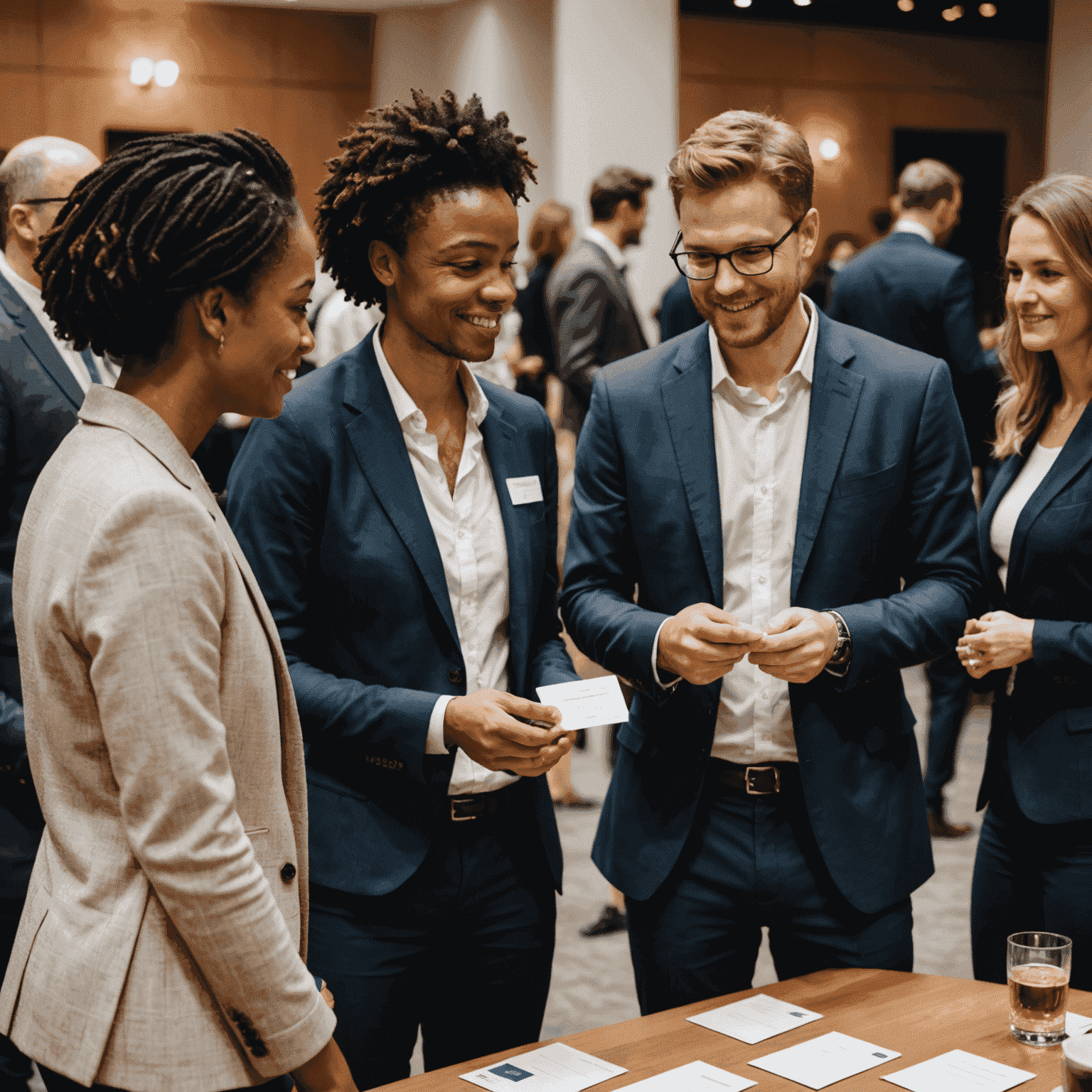 Image depicting a networking event with professionals exchanging business cards and engaging in discussions