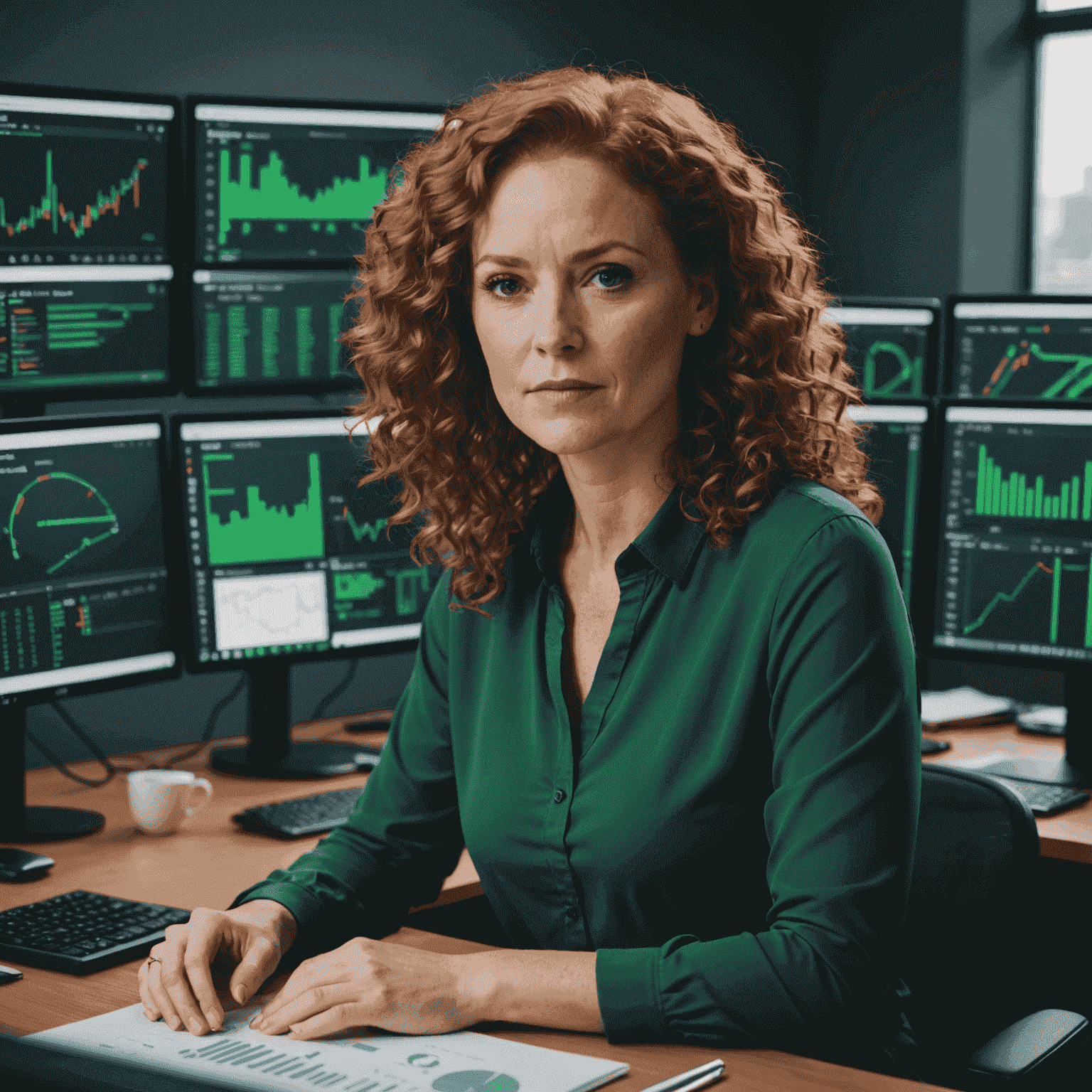 Sarah O'Connor, a woman in her late 30s with curly red hair, wearing a green blouse, sitting at a desk with multiple monitors displaying data analytics dashboards