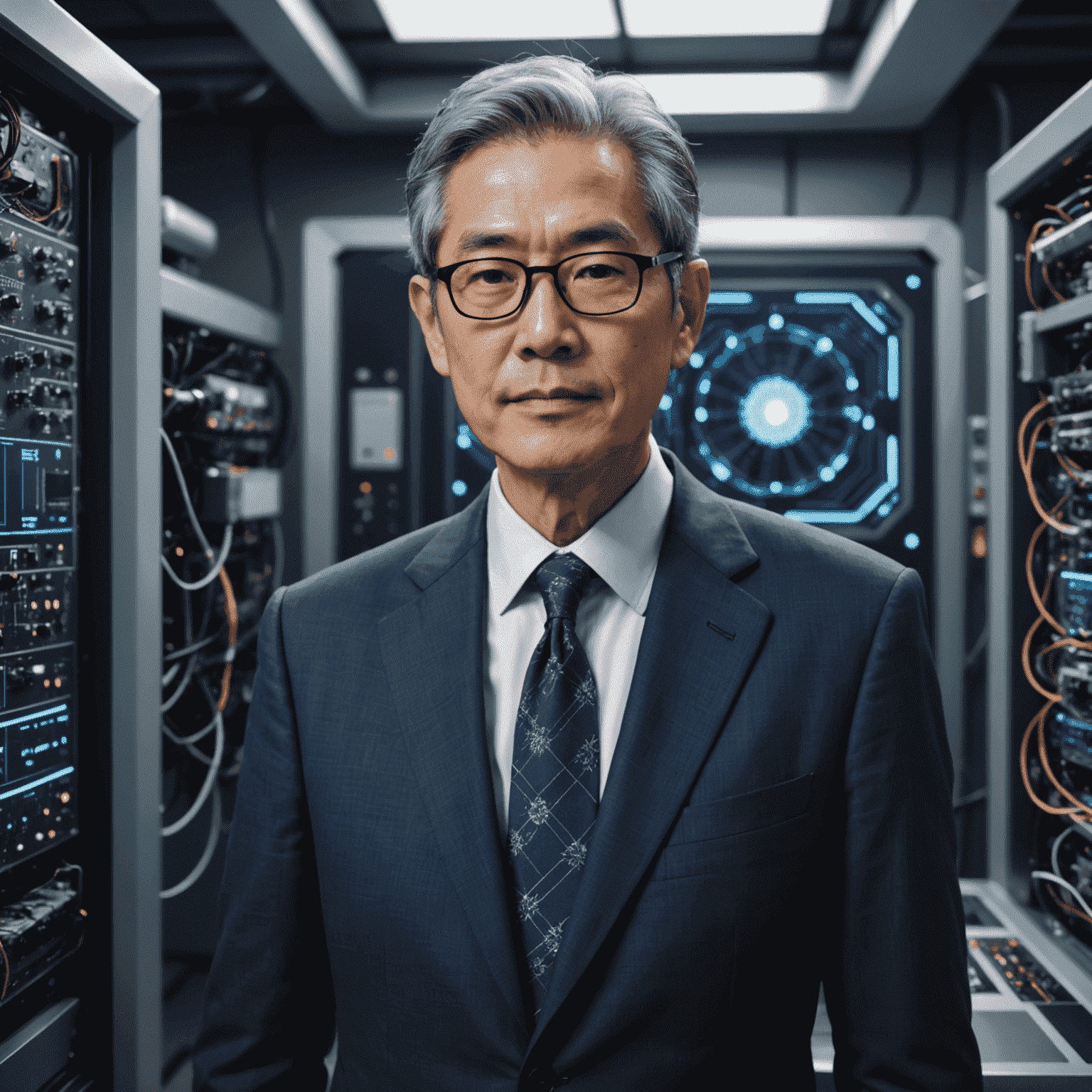 Dr. Hiroshi Tanaka, a man in his 60s with gray hair and glasses, wearing a navy suit, standing in front of a quantum computer